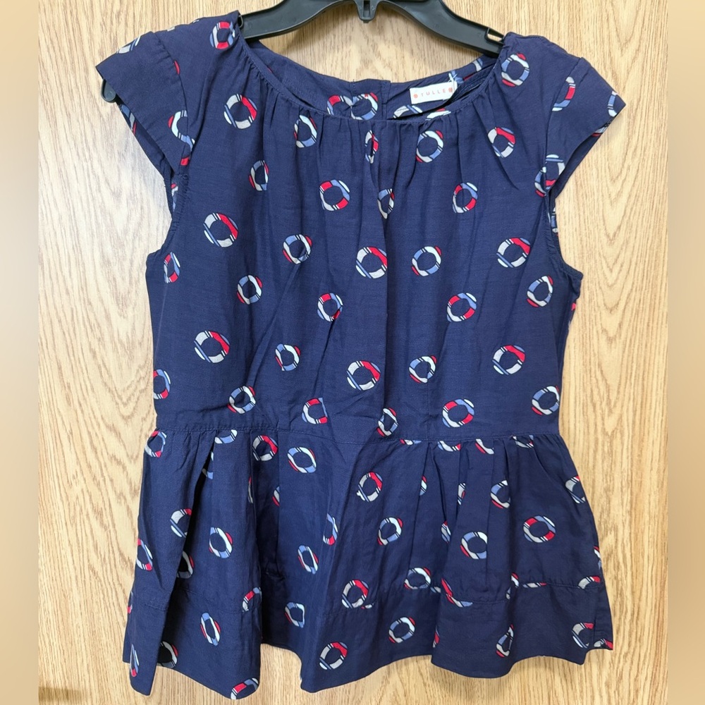 Tulle Navy Life Saver Patterns Botton Up Back Blouse